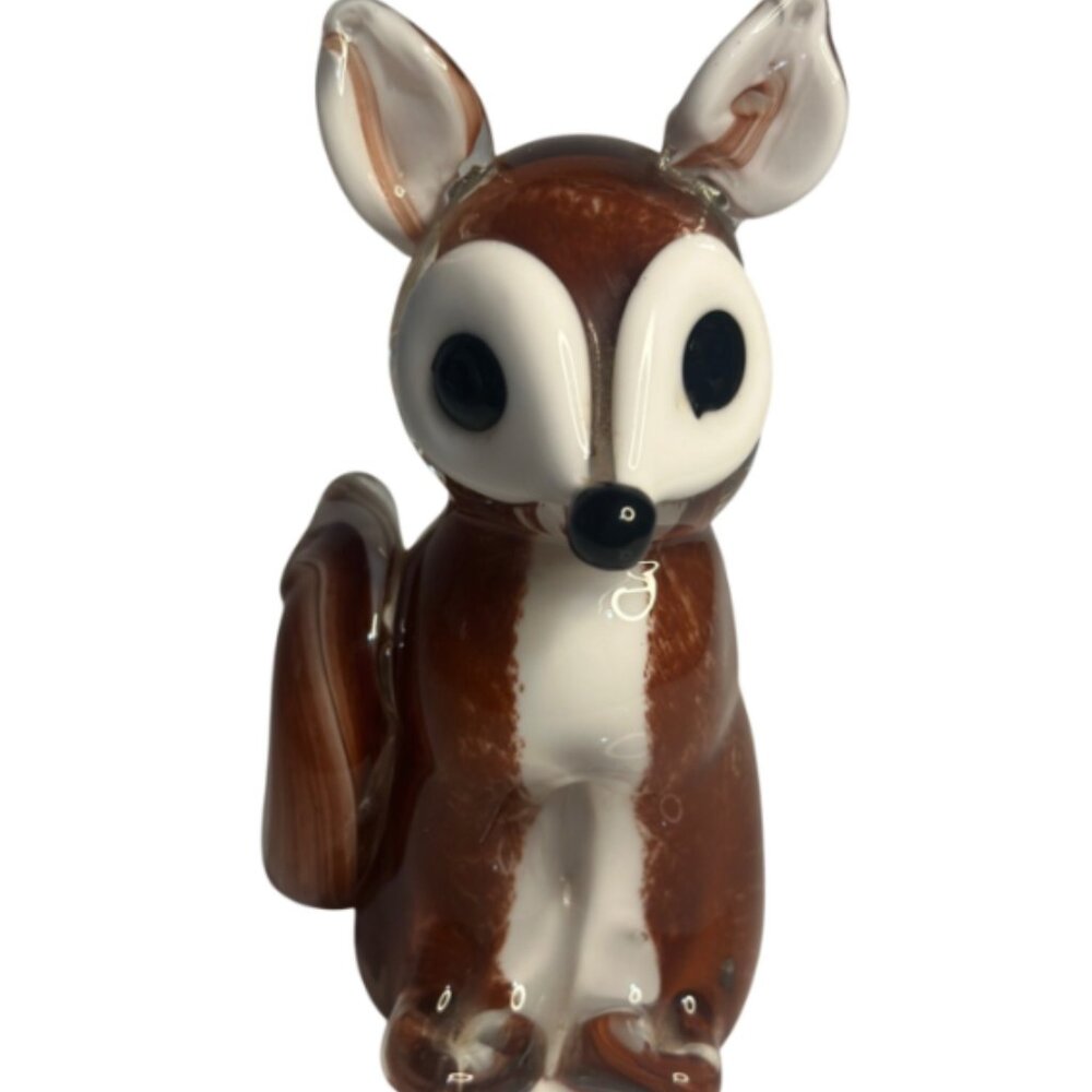 VTG Hand-Painted Art Glass Fox Figurine - Brown & White Modern Animal Sculpture